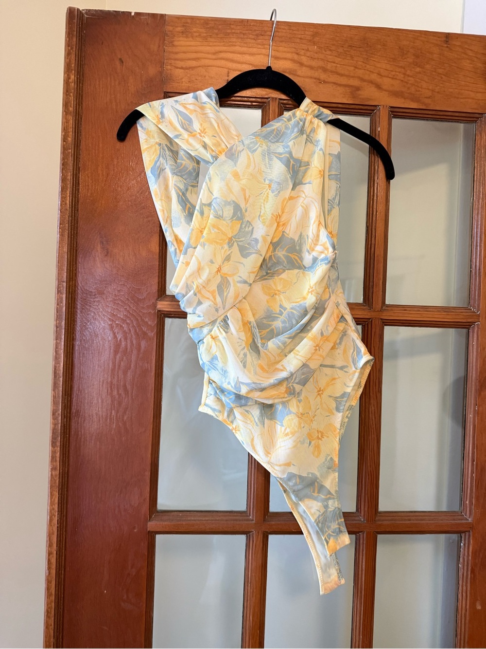 Zara Asymetrical Floral Draped One-Shoulder Bodysuit in Yellow and Light Blue